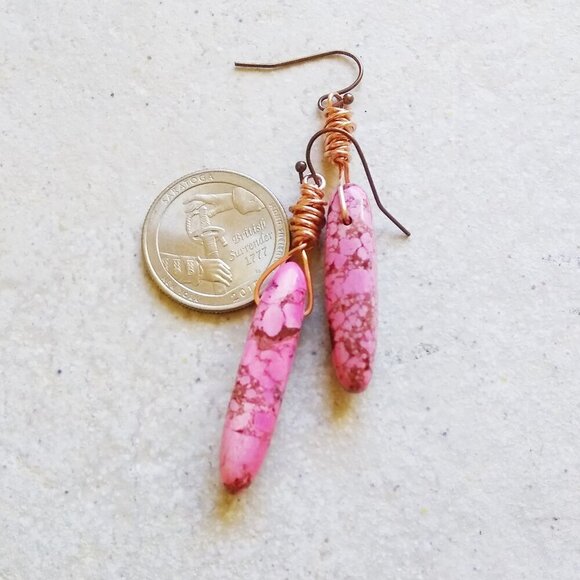 Pink & Mocha Mousse Stone Spikes + Copper Wire Earrings - Sexy Edgy Girly Hot - Picture 4 of 8